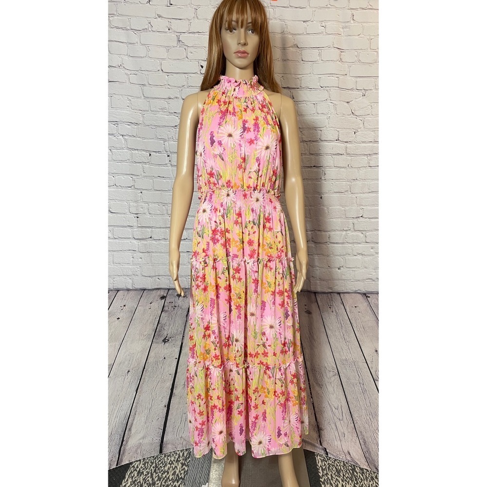 NWT New Taylor Chiffon Floral Print Smocked Mock Neck Tiered Maxi Dress Size 10